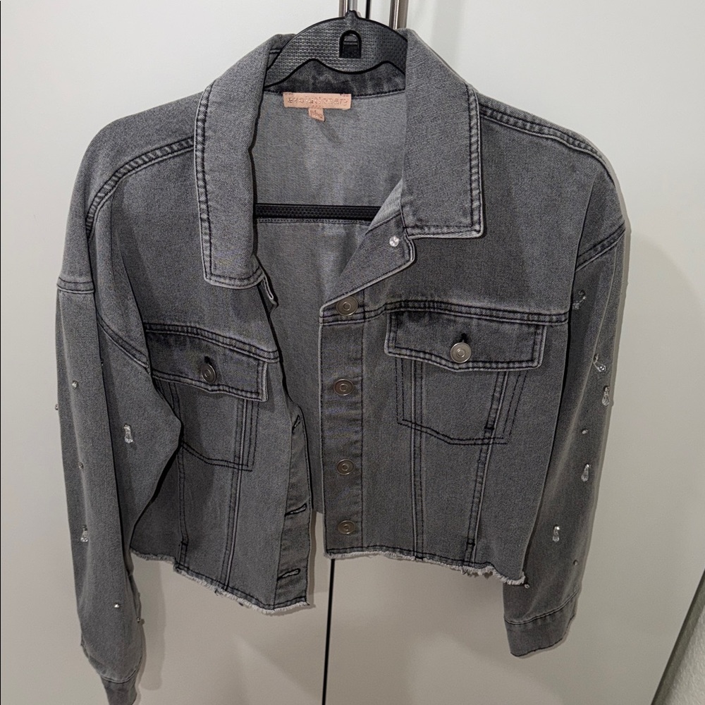 Stylish Gray Denim Jacket with Stud Accents